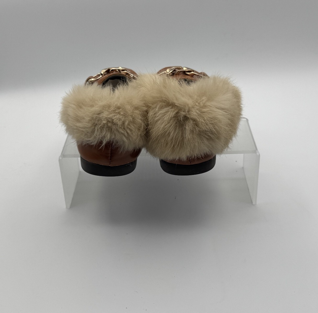 Real Fur Faux Leather Luggage Brown Loafers Girls KidsGold Chain