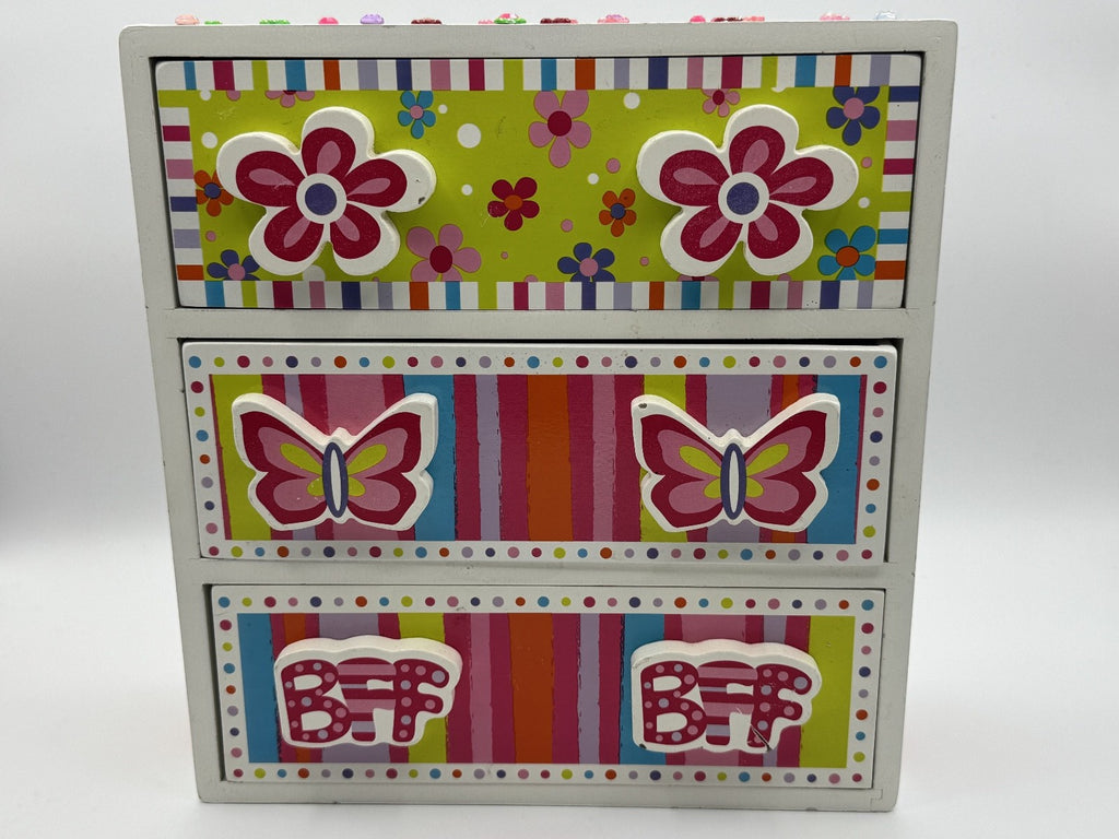 Bead Bazaar Girls 3-Drawer Wooden Jewelry/Storage Box Hearts Butterflies Flowers