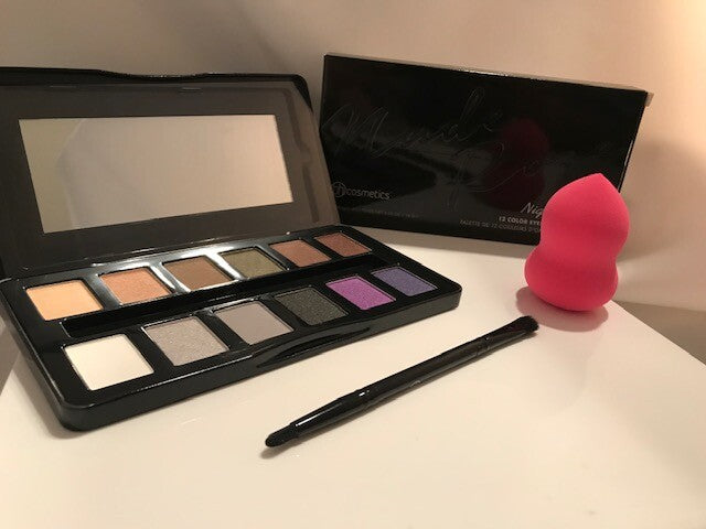 BH Cosmetics Nude Rose Night Fall 12 Color Eyeshadow Palette+Brush+Beauty Sponge