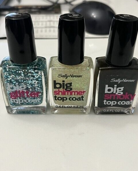 3X Sally Hansen Big Glitter Blue 120, Shimmer Snow 110, Smoky 150- Color NEW