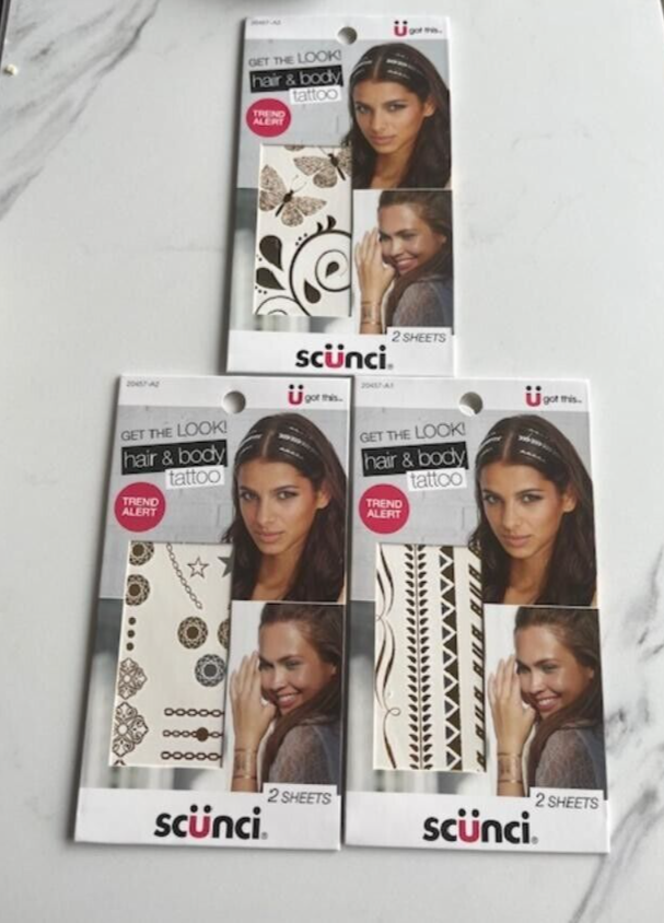 Scunci Get The Look Hair & Body Tattoos 3 Pk, 2 Sheets Per Pk, 6 designs Sealed