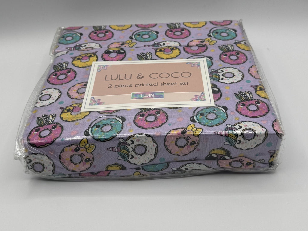 Lulu & Coco 2 Piece Printed Sheet Set Twin Size, Donuts, Multicolor, Bedding NEW