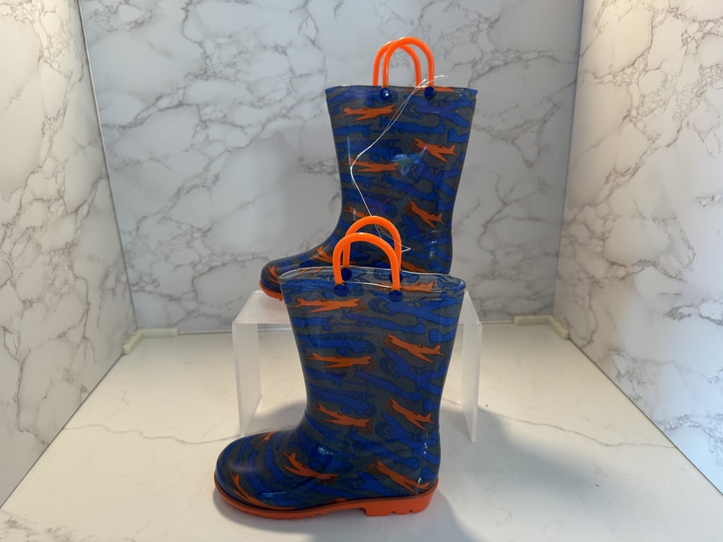 Lilly New York Rain Boots w/ Handle Youth Size 11 Orange & Blue with Airplanes