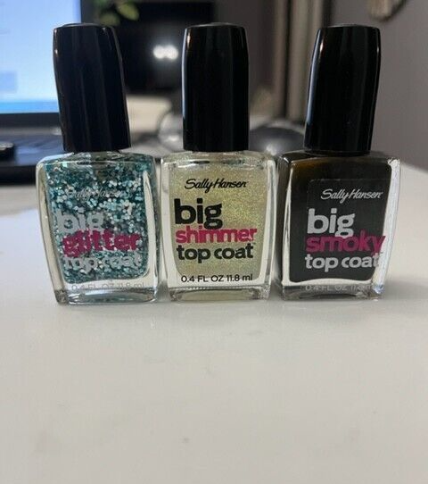 3X Sally Hansen Big Glitter Blue 120, Shimmer Snow 110, Smoky 150- Color NEW