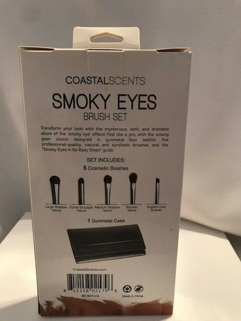 Coastal Scents Smoky Eyes Brush Set, 5 pc. w/ Travel Case + Smoky Eye Guide NIB