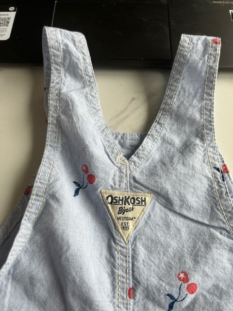 OshKosh B’Gosh Overalls Shortalls Baby/Kid Size 2T Light Blue W/Red Cherries NWT