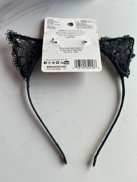 Scunci Halloween Lace Cat Ear Headband & 2 invisi bobble Scrunchie Black NWT