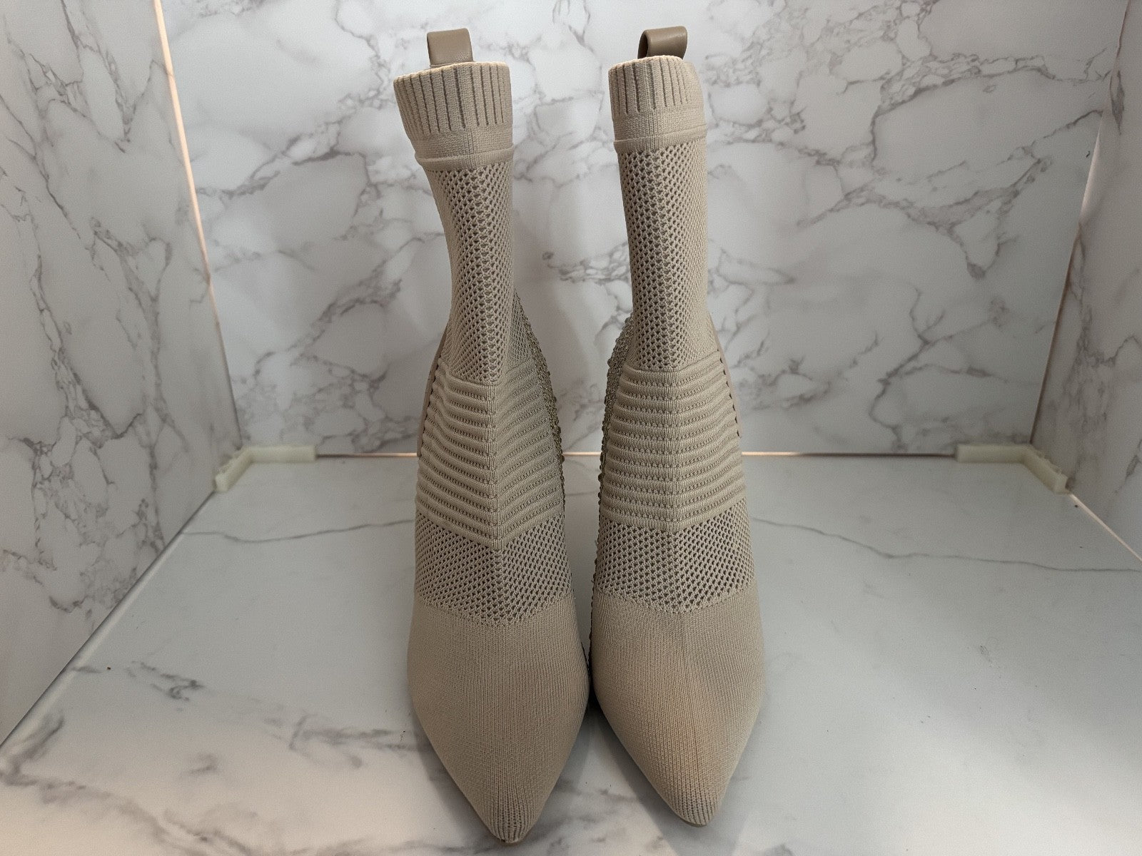 Steve Madden Maxwelle Beige Knit Sock Boot Heels Size 9M Rhinestone Heel New