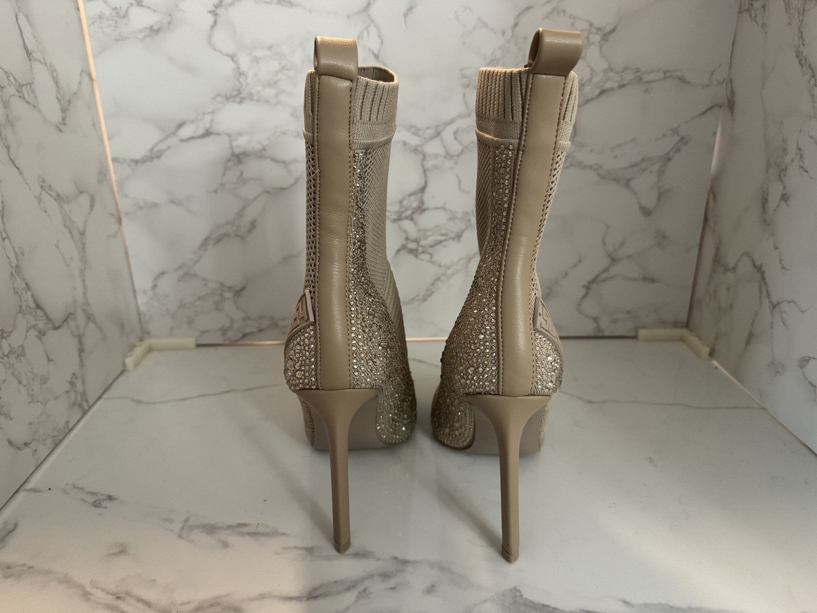 Steve Madden Maxwelle Beige Knit Sock Boot Heels Size 9M Rhinestone Heel New