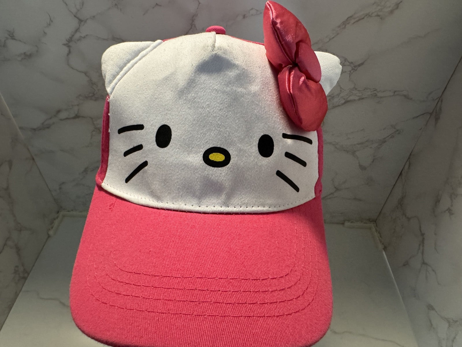 Hello Kitty with Baseball Cap Hat with Pink Ribbon, Pre-owned, Good Condition.