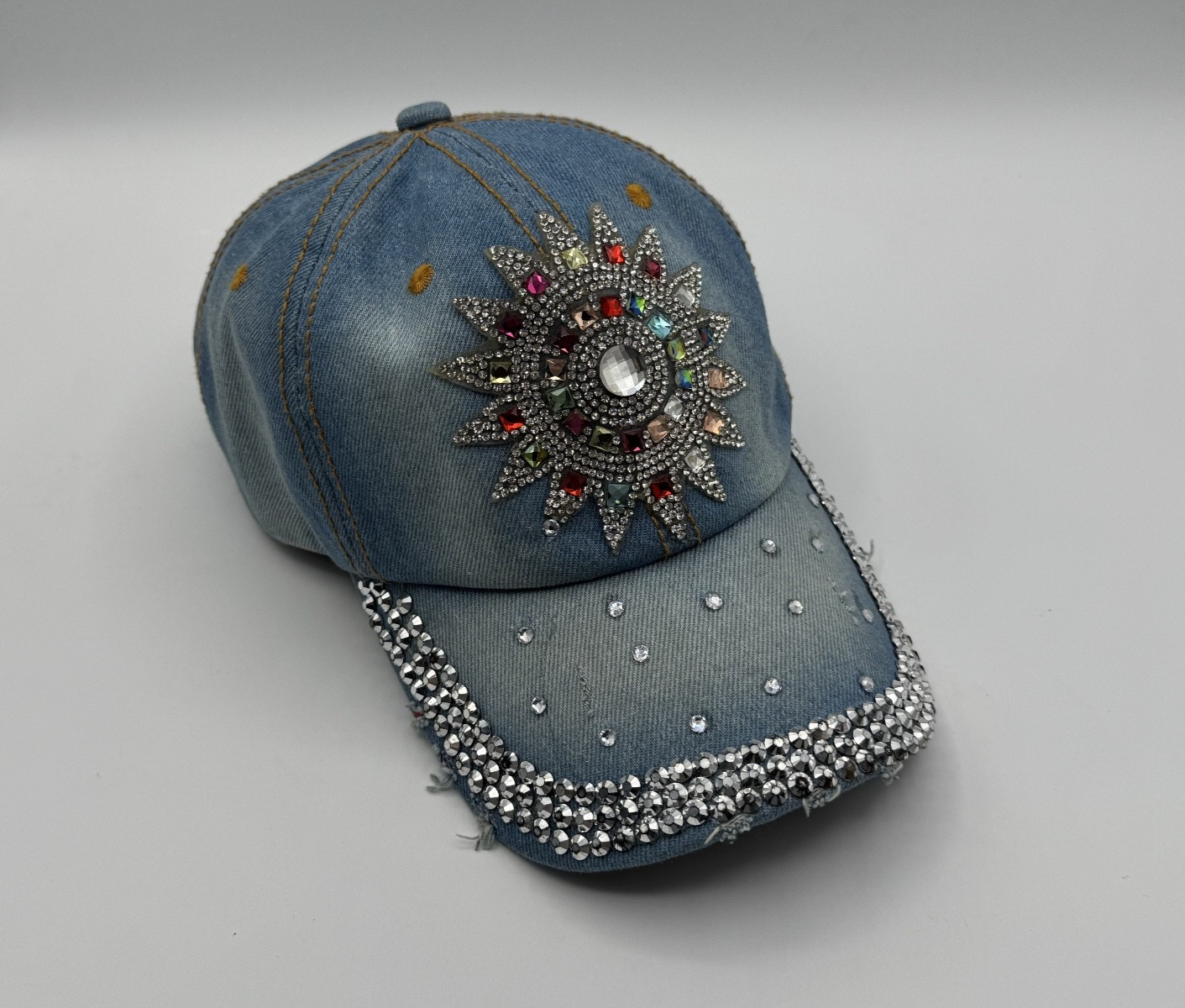 Bedazzled Denim Rhinestone, Size 4 Cap Adjustable Strap Hat 100% Cotton, Pre-own