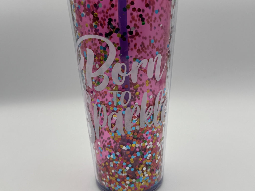 Born to Sparkle Girls Pink Multicolor Glitter 24oz Tumbler, w/ Straw Summer NEW