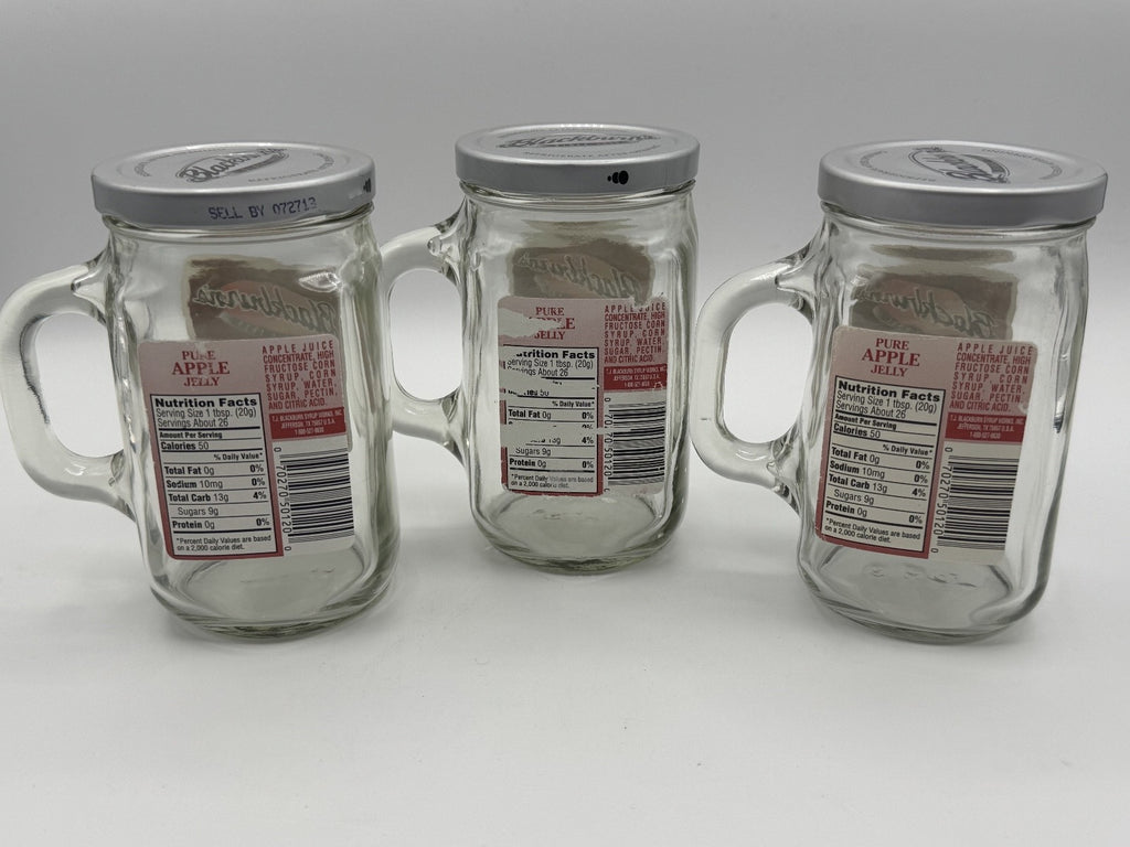 3-Vintage Blackburns Apple Jelly Jar Classic Clear Drink Mug W/Handle 12oz w/Lid