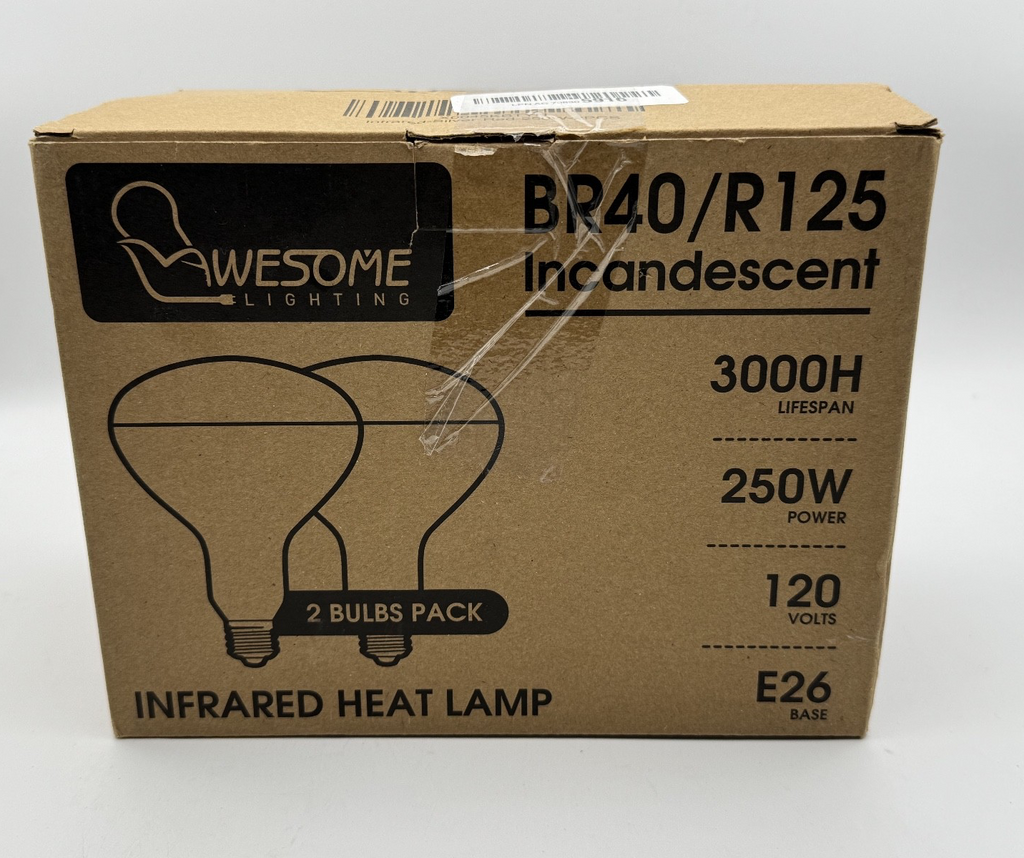 Awesome Lighting Heat Lamp Bulb BR40/R125 250 Watt 2 Pack Red Glass, NIB