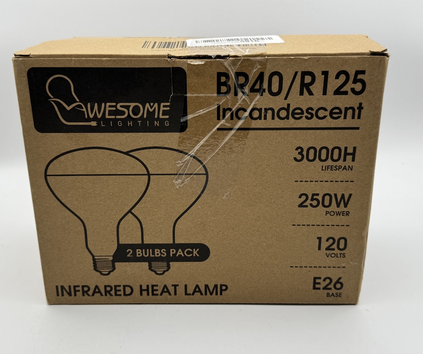 Awesome Lighting Heat Lamp Bulb BR40/R125 250 Watt 2 Pack Red Glass, NIB