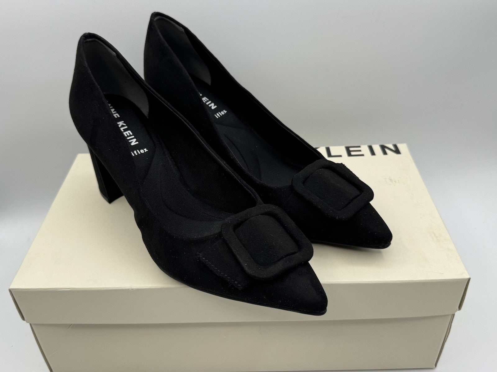 Anne Klein Women's Bentley Buckle Block Heel Pumps Black Suede, Size 6.5 NEW 003