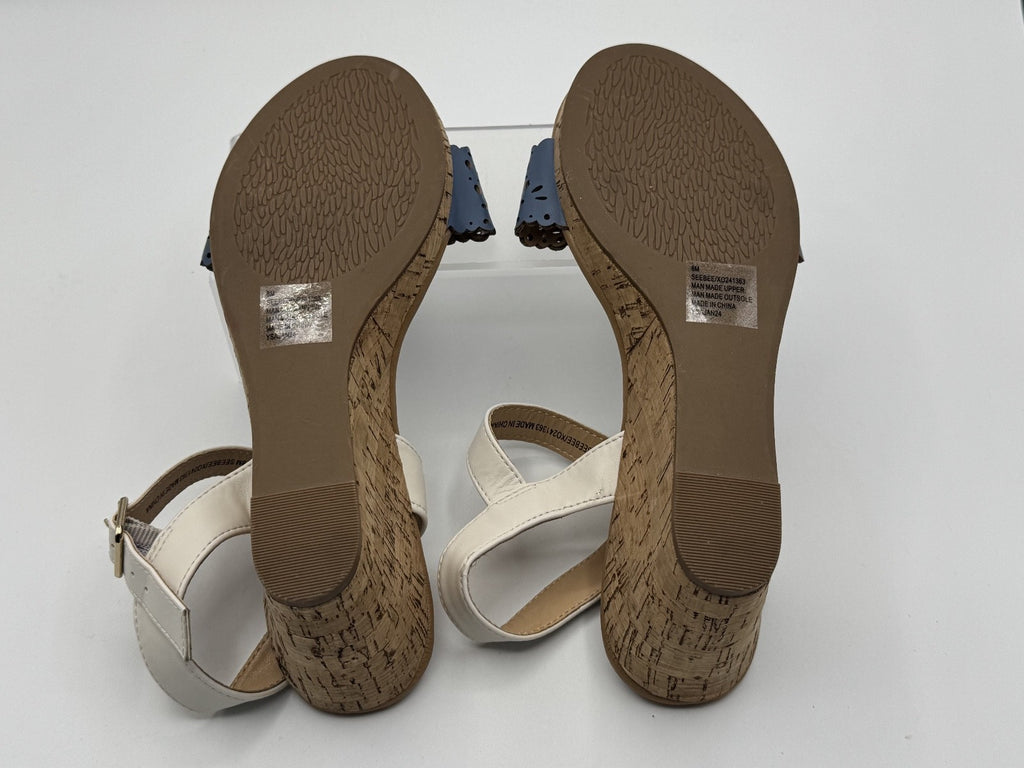 XOXO Woman's Wedge Sandal, Blue, White, Tan, Size 8M