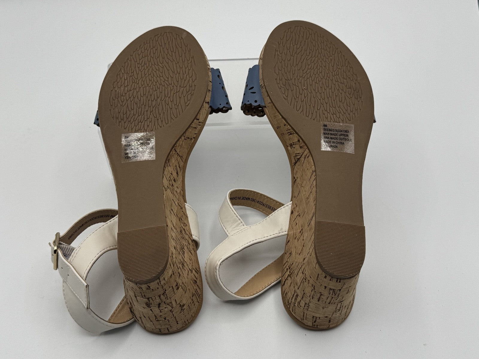 XOXO Woman's Wedge Sandal, Blue, White, Tan, Size 8M
