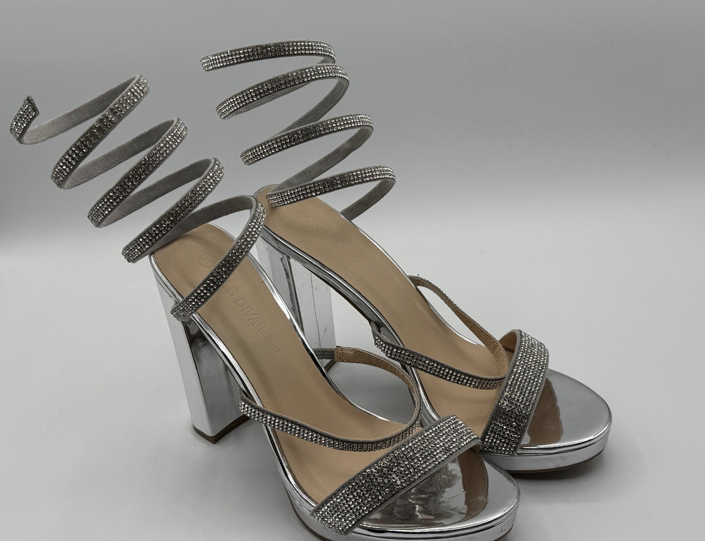 Wild Diva Lounge Spiral Rhinestone Strappy Ankle Chunky Block Heels - Silver