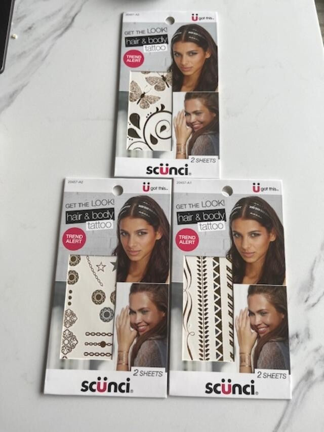 Scunci Get The Look Hair & Body Tattoos 3 Pk, 2 Sheets Per Pk, 6 designs Sealed