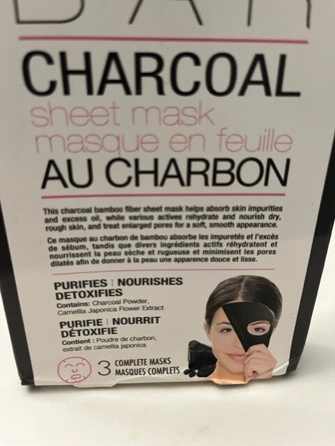 Masque BAR Charcoal Sheet Mask 3 Complete Masks Purifies & Detoxifies AU CHARBON