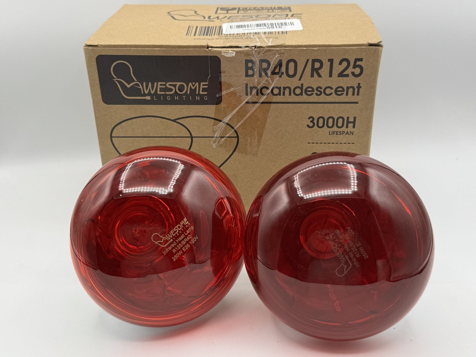 Awesome Lighting Heat Lamp Bulb BR40/R125 250 Watt 2 Pack Red Glass, NIB