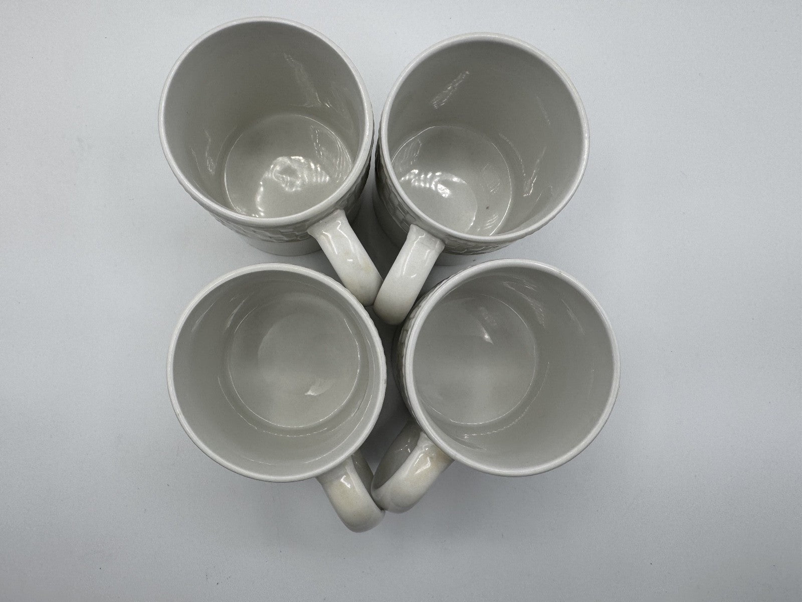 4- Vintage Waverly Mugs Fine White Porcelain Basket Weave Pattern Pre-owned