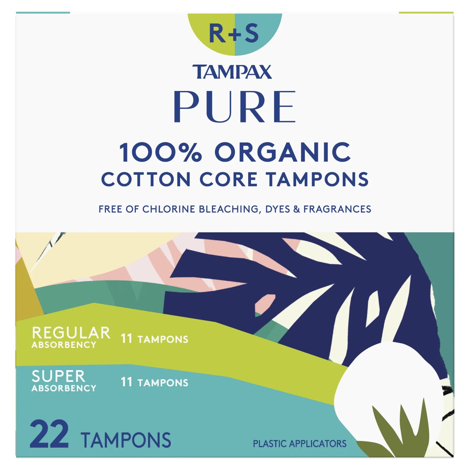 Tampax Pure 100% Organic Cotton Core Regular / Super Absorbency Tampons 22ct NIB