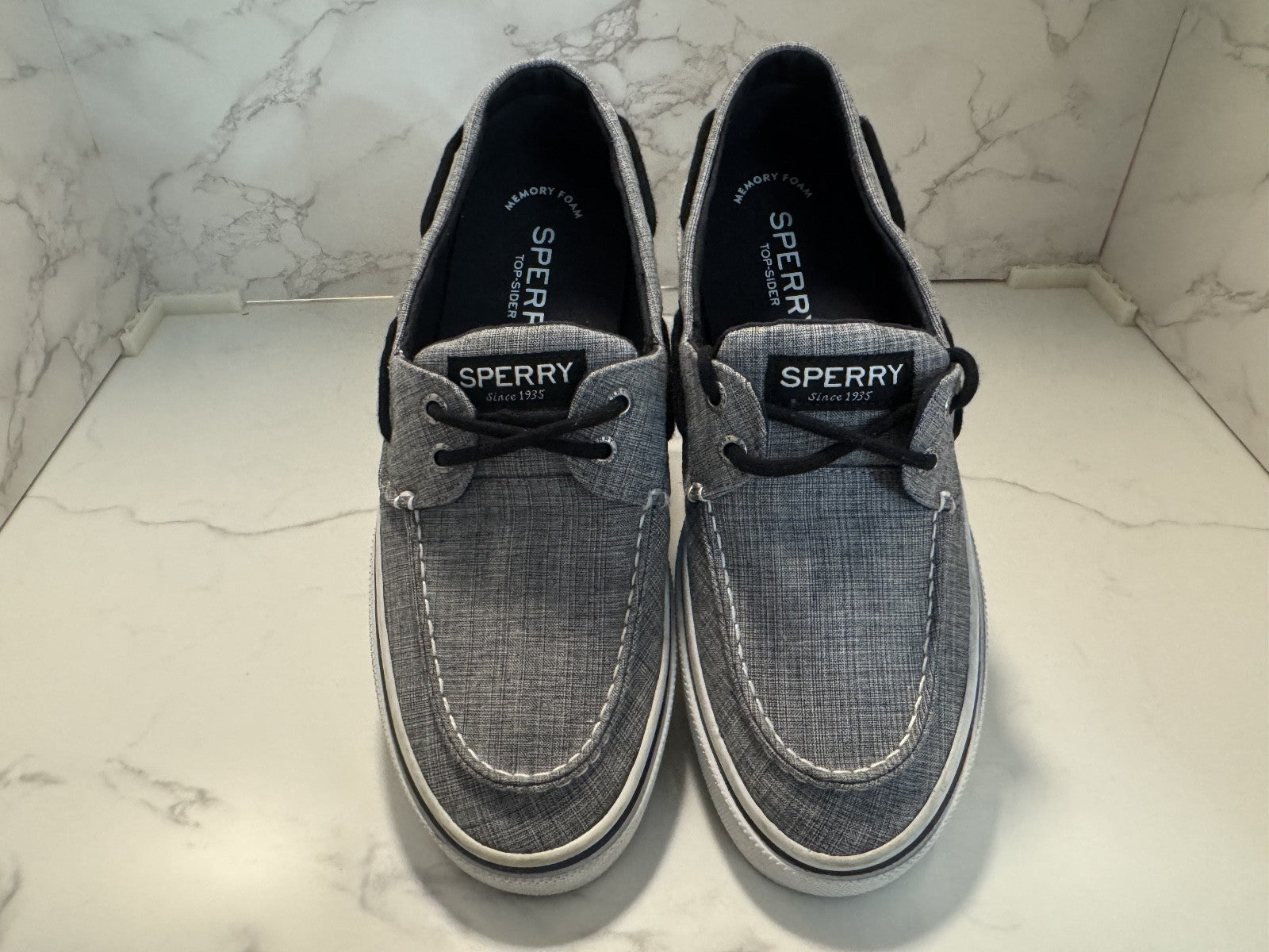 Sperry Top Sider M 9.5 M HALYARD 2-EYE Chambray Black Memory Foam Boat Shoes