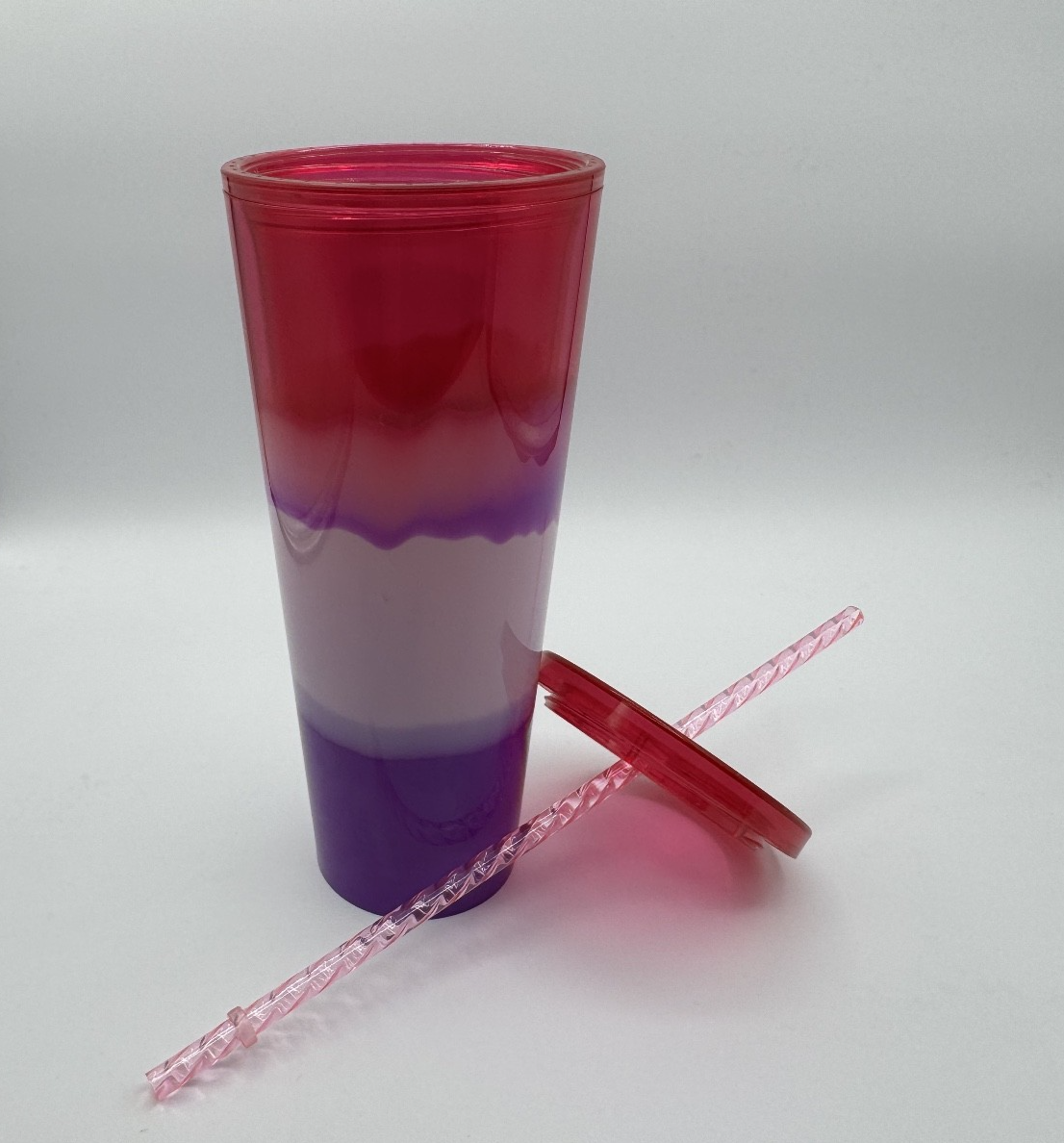 Pink Red White Purple 24 oz Tumbler, See Through w/ New Straw, Pre-owned, Excell