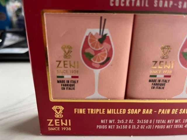 ZENI since 1938 Cocktail Soap SPRITZ Triple Milled ITALIAN 3 bars 5.2 oz each