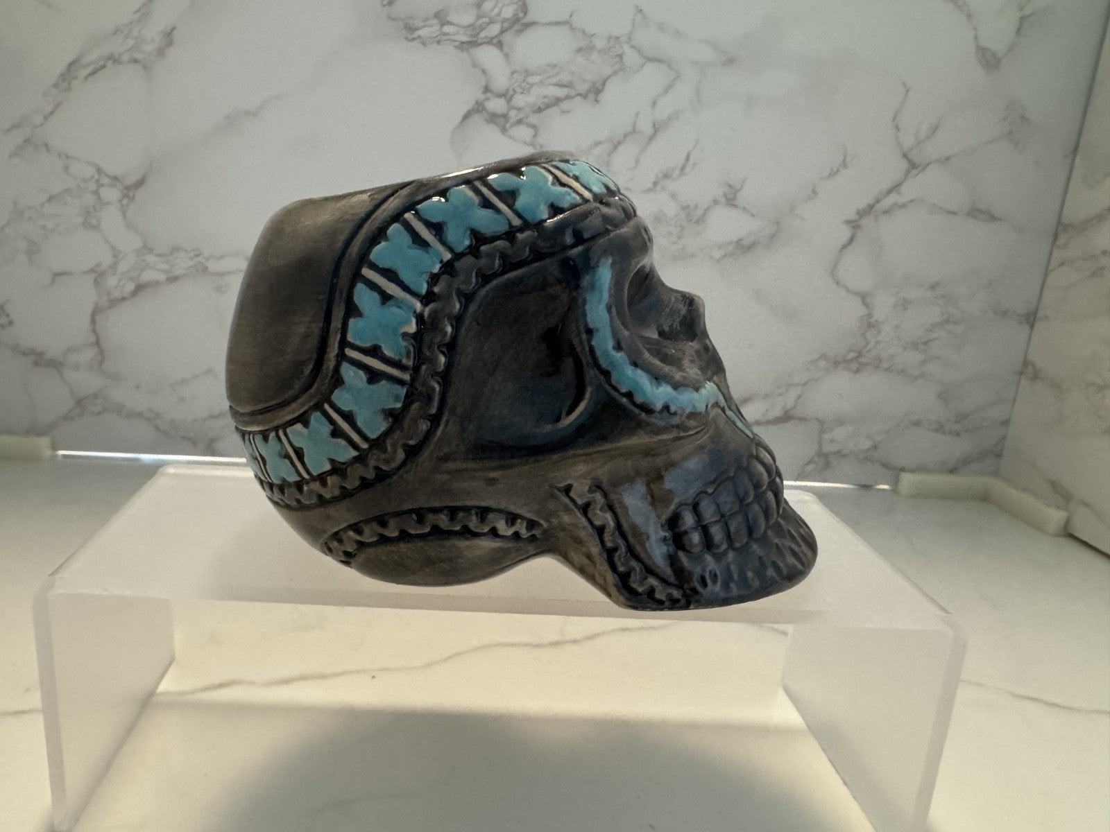 Glass Ceramic Sugar Floral Skull Grey & Teal Halloween Decor No Damage BRAND NEW
