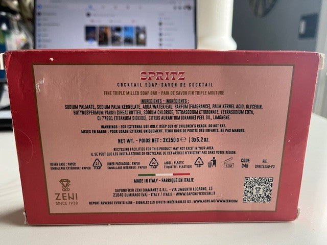 ZENI since 1938 Cocktail Soap SPRITZ Triple Milled ITALIAN 3 bars 5.2 oz each