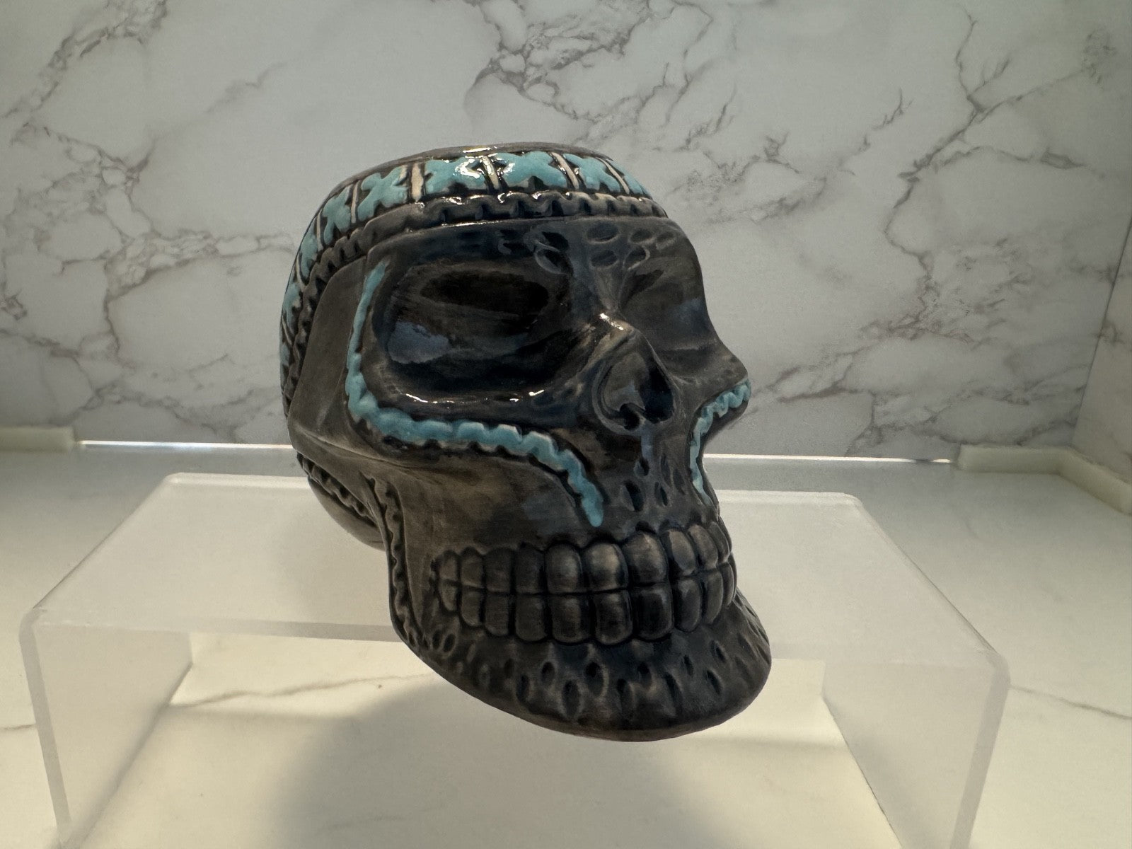 Glass Ceramic Sugar Floral Skull Grey & Teal Halloween Decor No Damage BRAND NEW