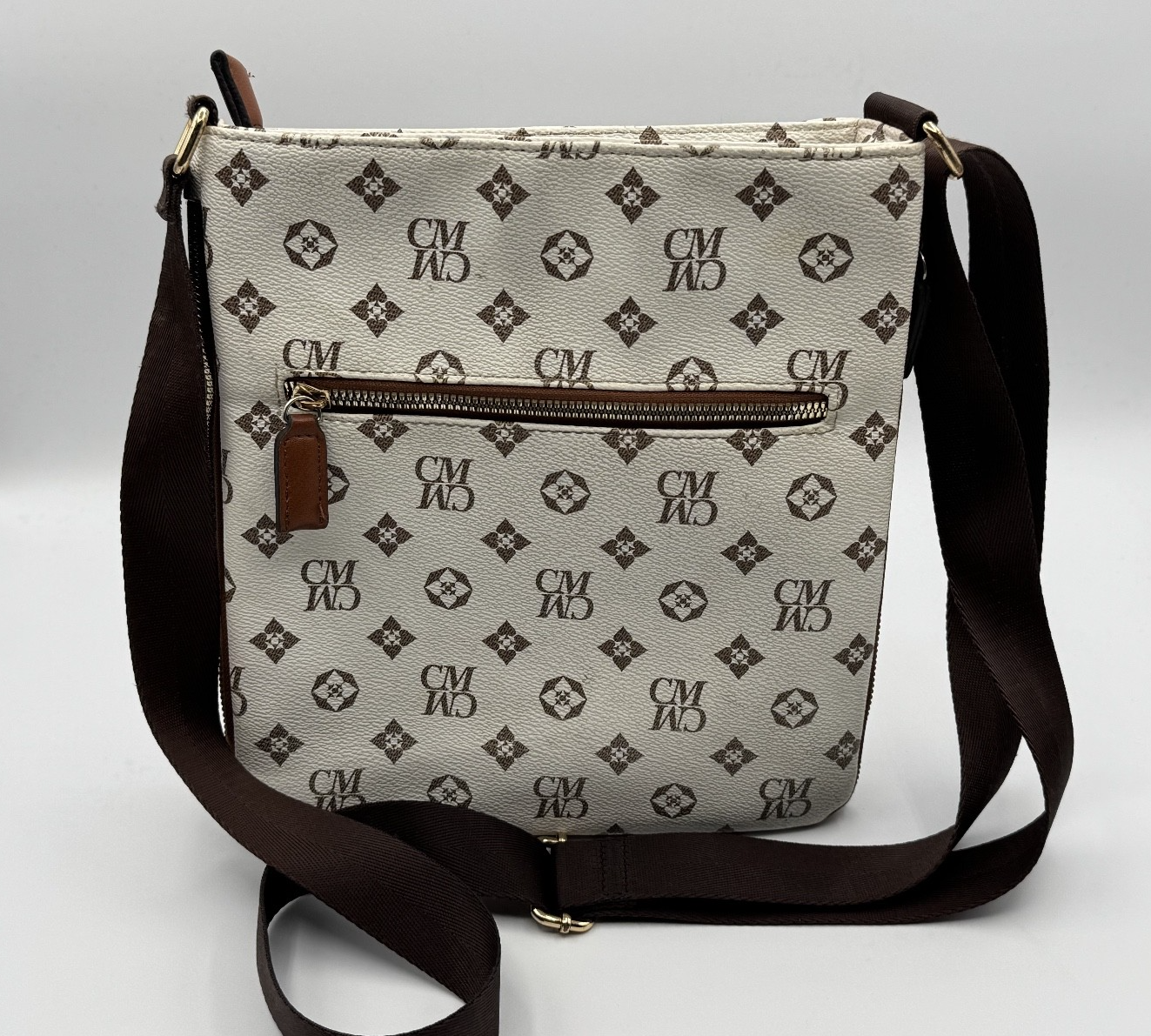 CM Monogram Crossbody White & Brown Vegan Leather Purse Handbag