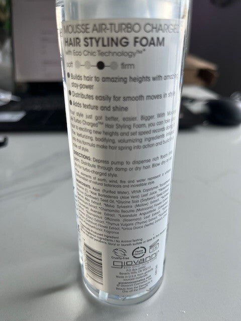 Giovanni Natural Mousse Air-Turbo Charged Hair Styling Foam 7 oz Mousse NO CAP