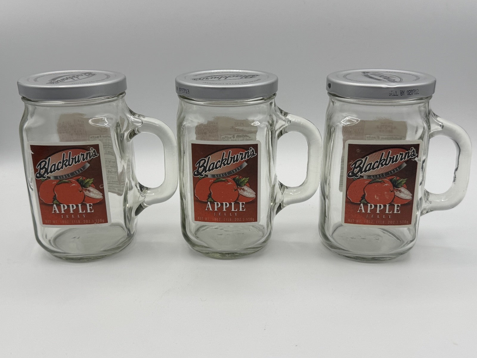 3-Vintage Blackburns Apple Jelly Jar Classic Clear Drink Mug W/Handle 12oz w/Lid