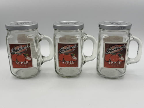 3-Vintage Blackburns Apple Jelly Jar Classic Clear Drink Mug W/Handle 12oz w/Lid