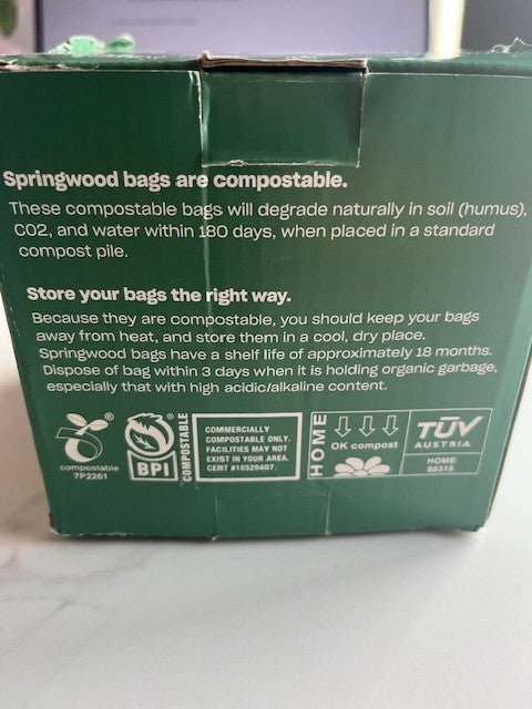 Springwood Compostable TRASH Bags 2.6 Gallon 100-Count 2.6 gal. Green Bags, NIB