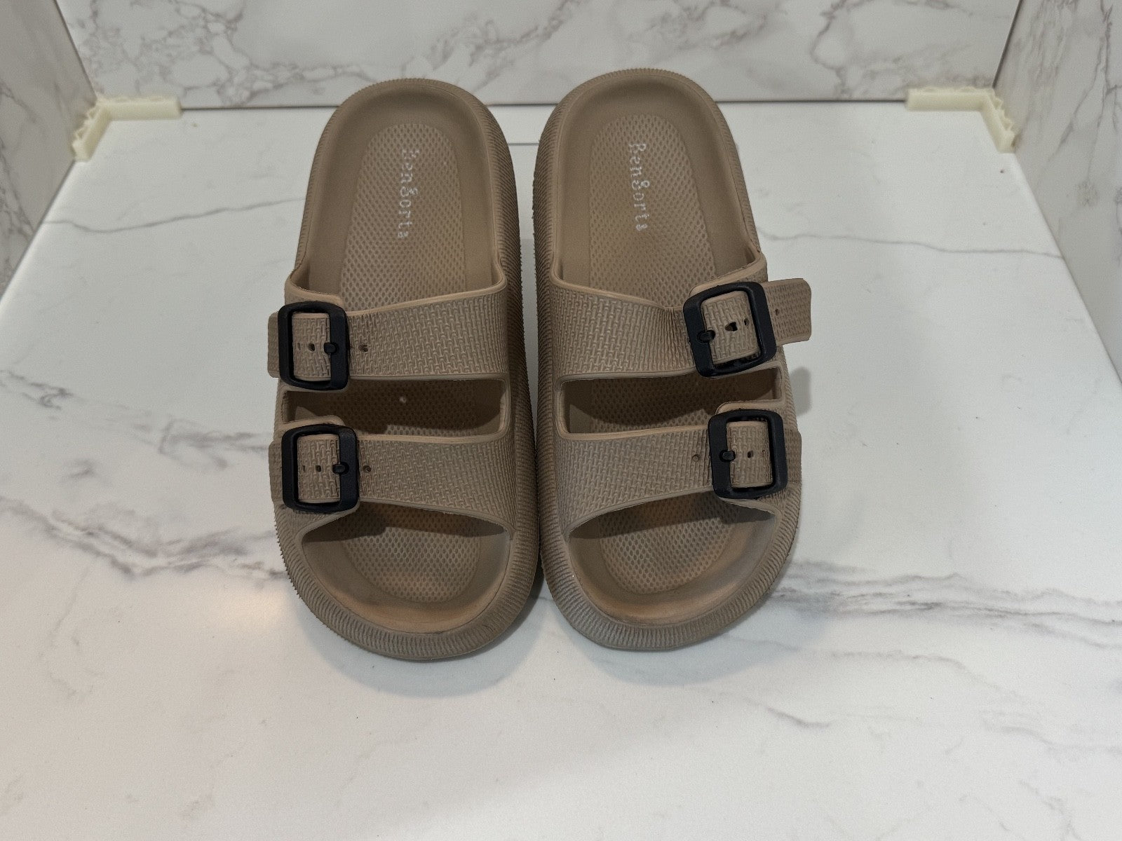 BenSorts Pillow Sandals for Women Men Thick Sole Adjustable Buckle Tan and Black
