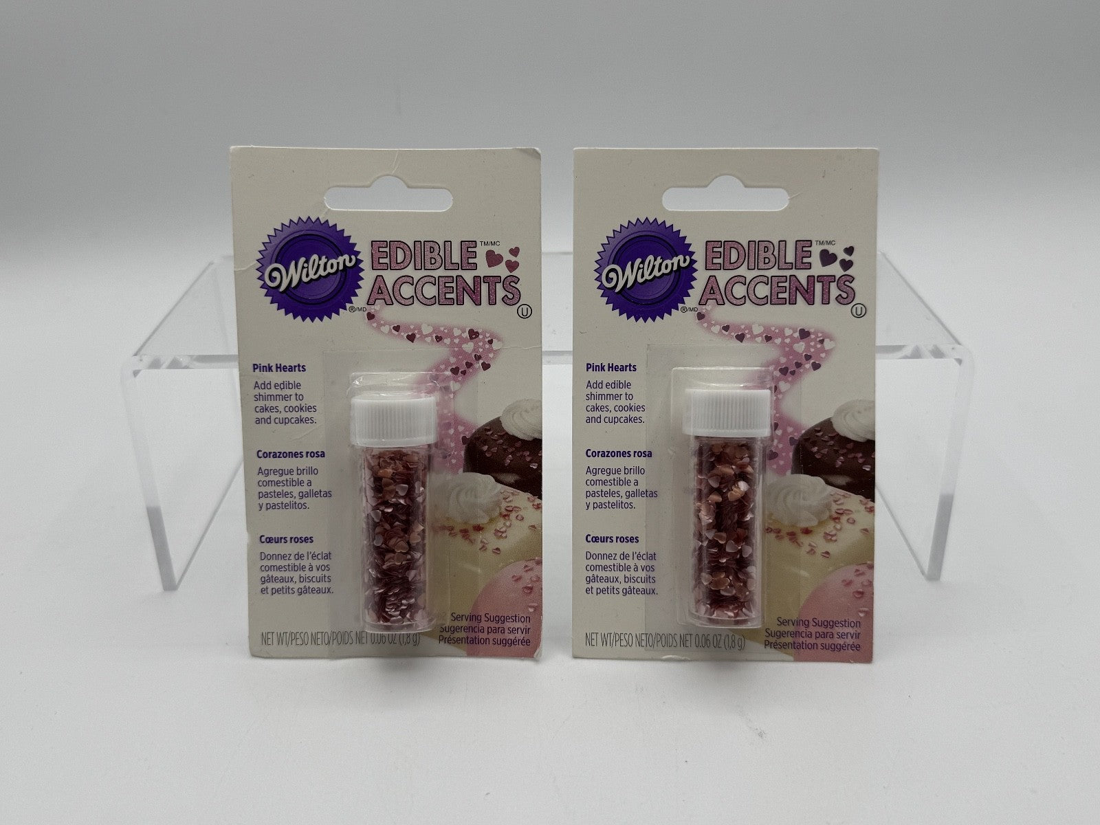 2 pk. Wilton Edible Accents pink hearts .04ozs, for Baking, Cookies, Cakes, NEW