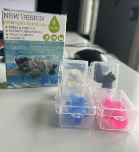 Swimming Ear Plugs New Design 4 Pairs Colorful Reusable Comfortable Fit, W/Case