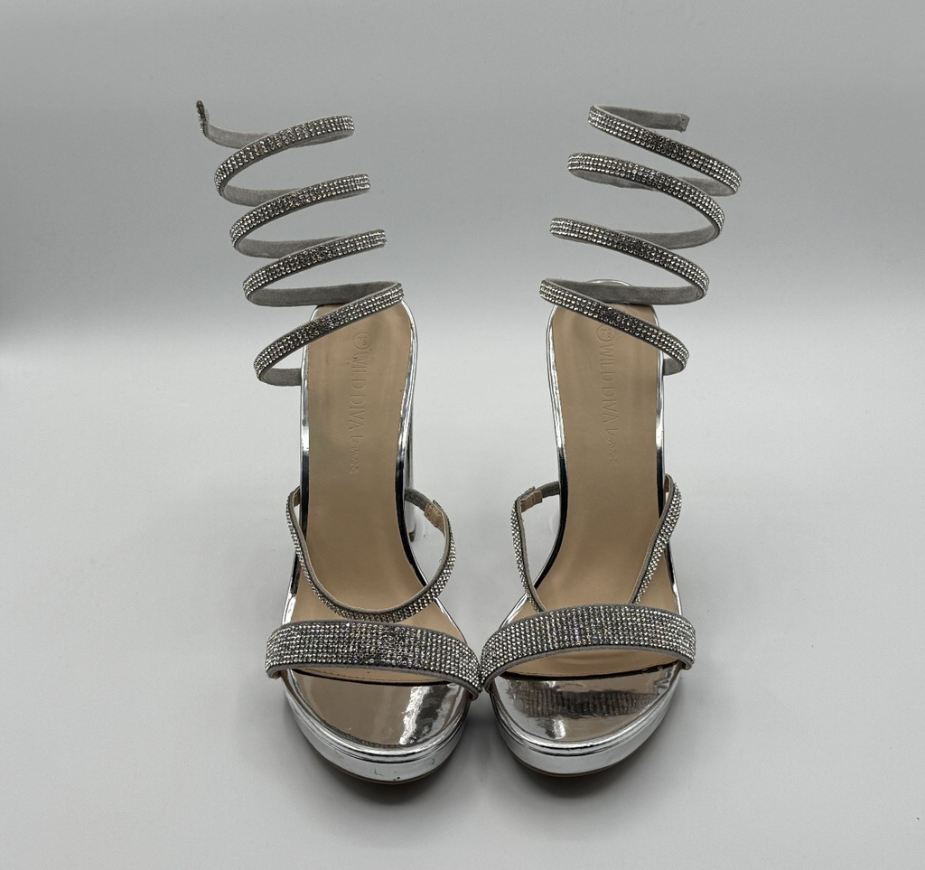 Wild Diva Lounge Spiral Rhinestone Strappy Ankle Chunky Block Heels - Silver
