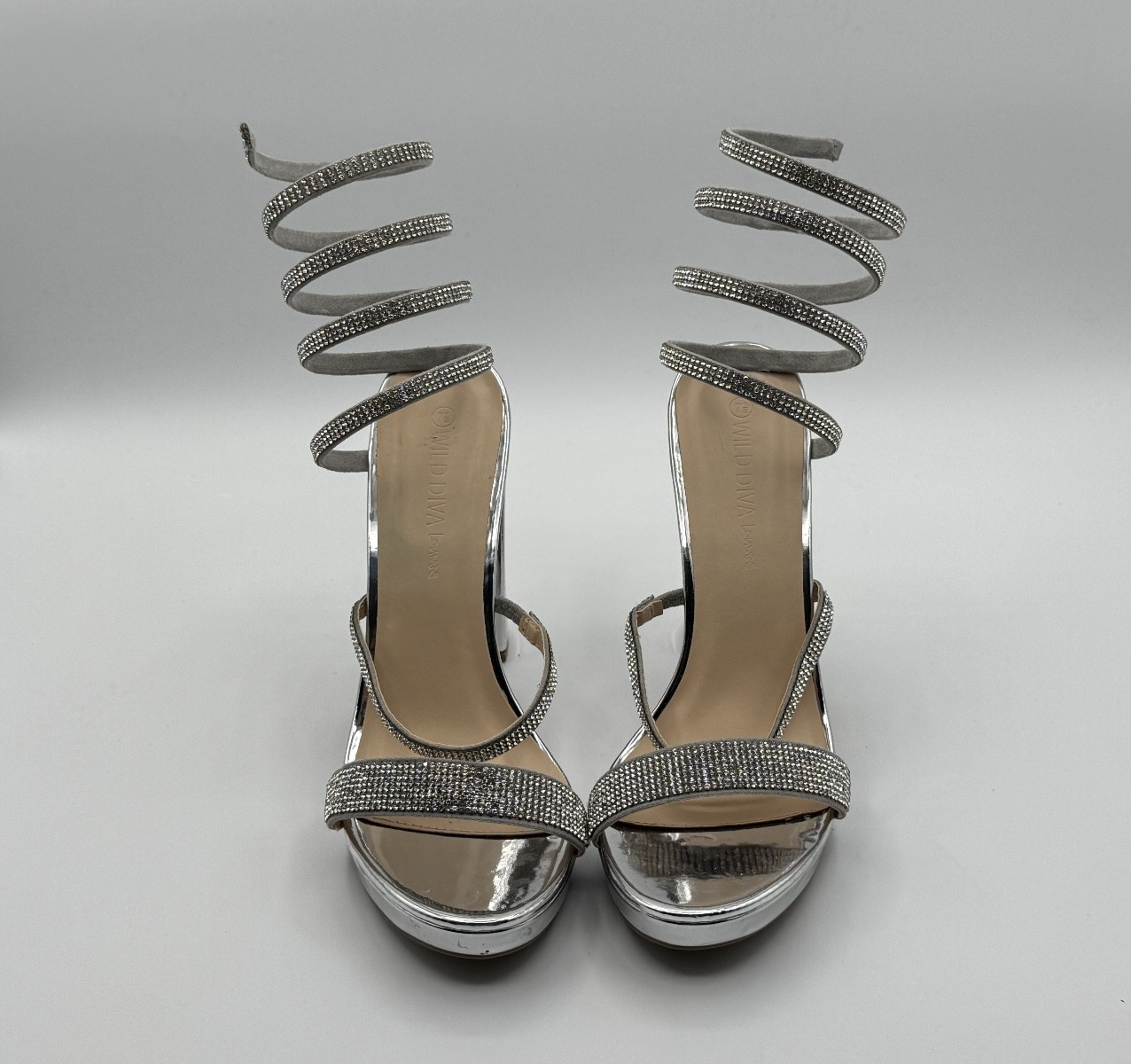 Wild Diva Lounge Spiral Rhinestone Strappy Ankle Chunky Block Heels - Silver