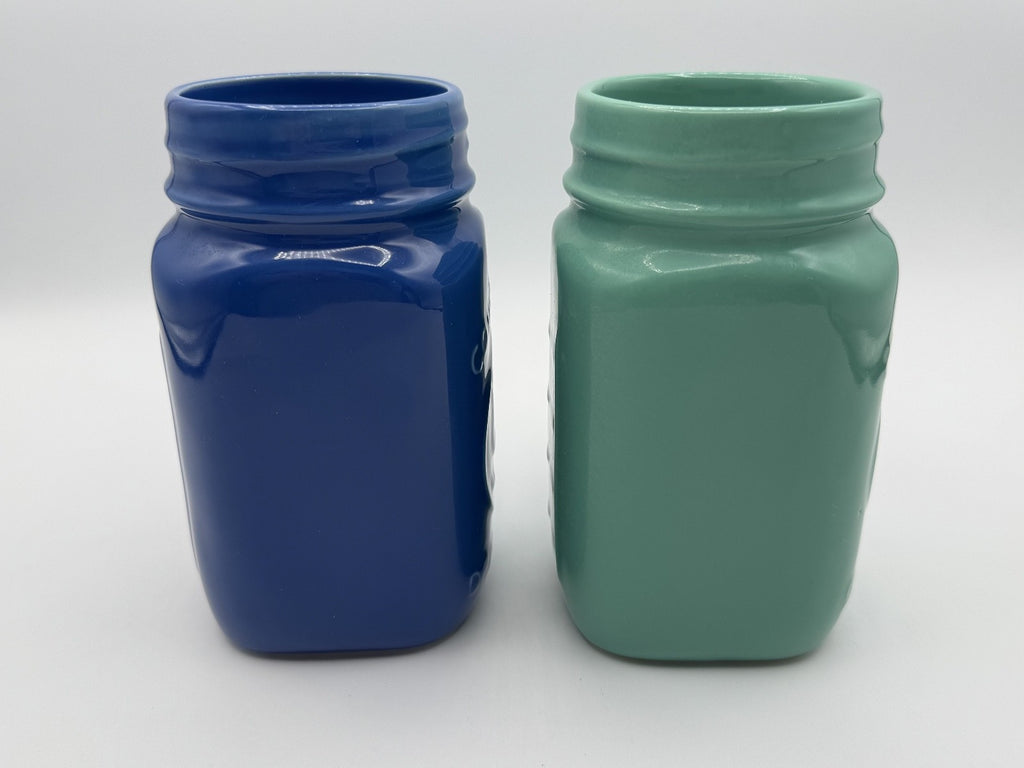 County Fair Glasses Drinking Mason Jar Mug w Rooster Blue Green Farmhouse 2 Pack