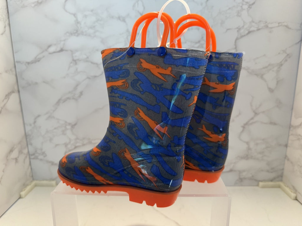 Lilly New York Rain Boots w/Handle Youth Size 8 Orange & Blue with Airplanes NEW
