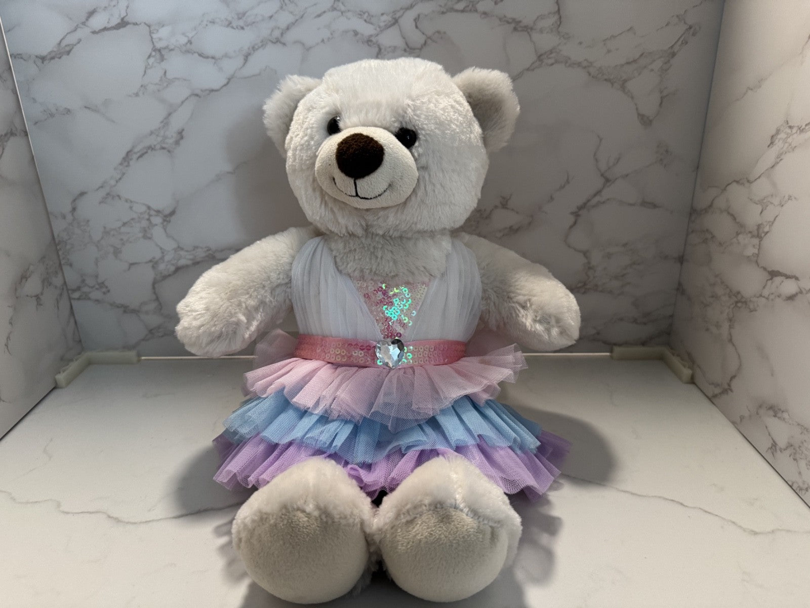 Build-a-Bear 14" White Cream Teddy Bear Brown Nose Plush, MultiColor Dress Pre-o