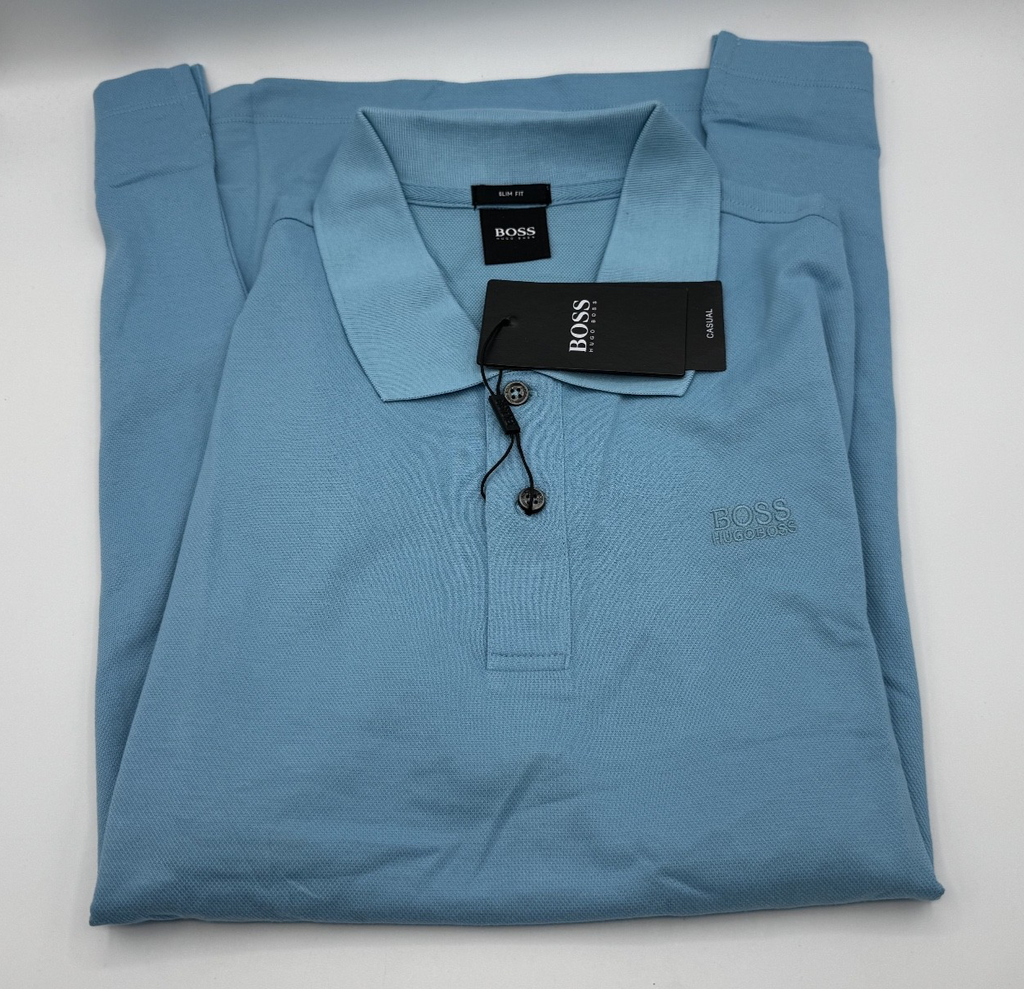 Authentic Hugo Boss Polo Shirt Slim Fit Light Blue / Blue Logo / Size XXL, NWT