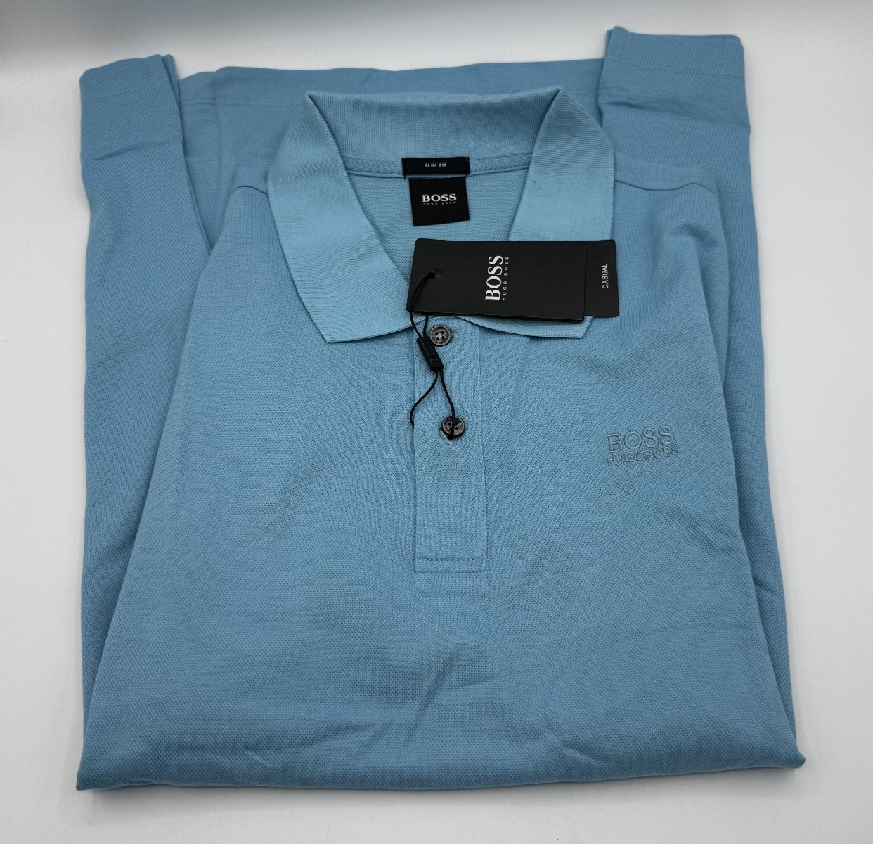Authentic Hugo Boss Polo Shirt Slim Fit Light Blue / Blue Logo / Size XXL, NWT