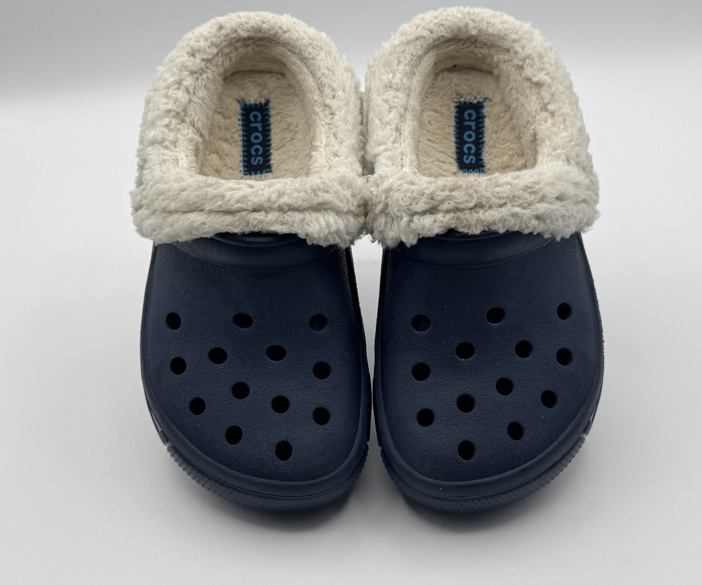 Crocs Youth Classic Lined Clogs Size J1 Blue Slip-on White Faux Fur Fuzzy & Warm